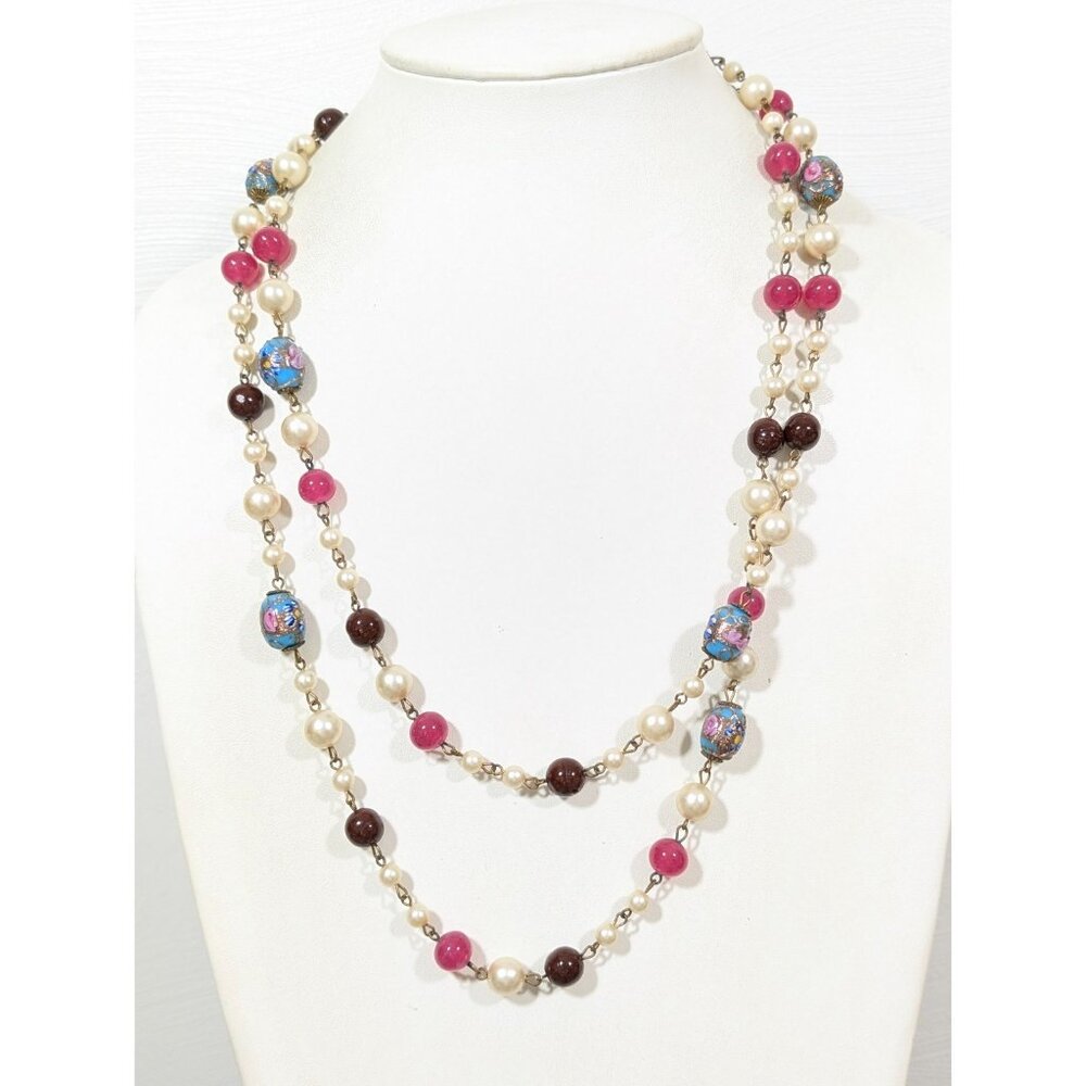 Vintage Venetian Murano Wedding Cake Lampwork Long Faux Pearl Necklace 52 in